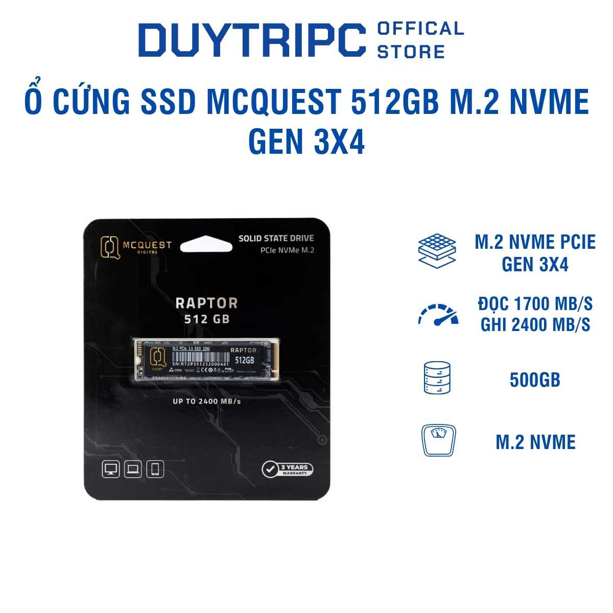 Ổ cứng SSD MCQuest 512GB M.2 NVMe Gen 3x4 | Tốc độ cực nhanh, Giá tốt | Chính hãng
